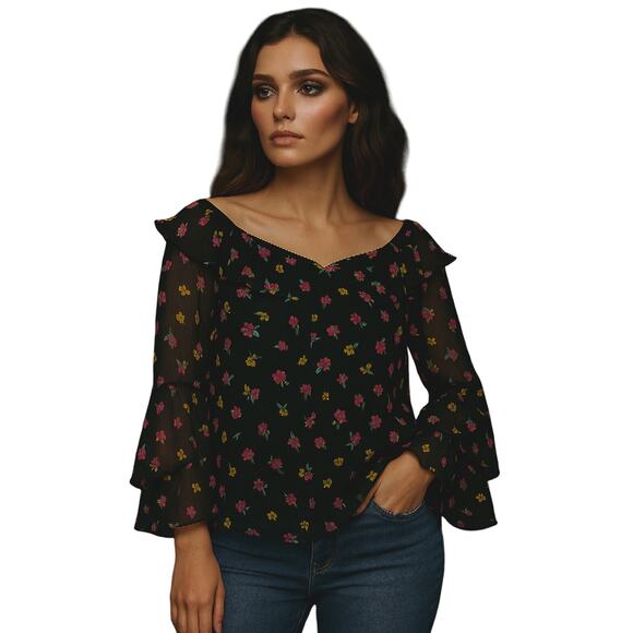 Johnny Was Jade Fernanda Peasant Sheer Blouse Silk Floral Ruffle Long Sleeve - Picture 1 of 7